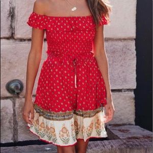 Red printed floral off shoulder dress